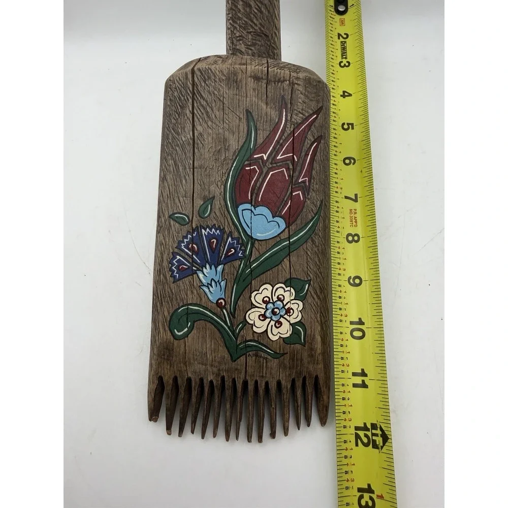 Vintage Wooden Kirkit Loom Beater Hand Painted Folk Art Weaving Comb 12